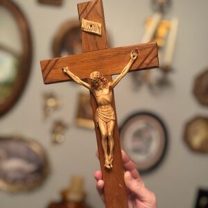 Vintage Wooden Crucifix Wall Cross with Carved Christ Figure